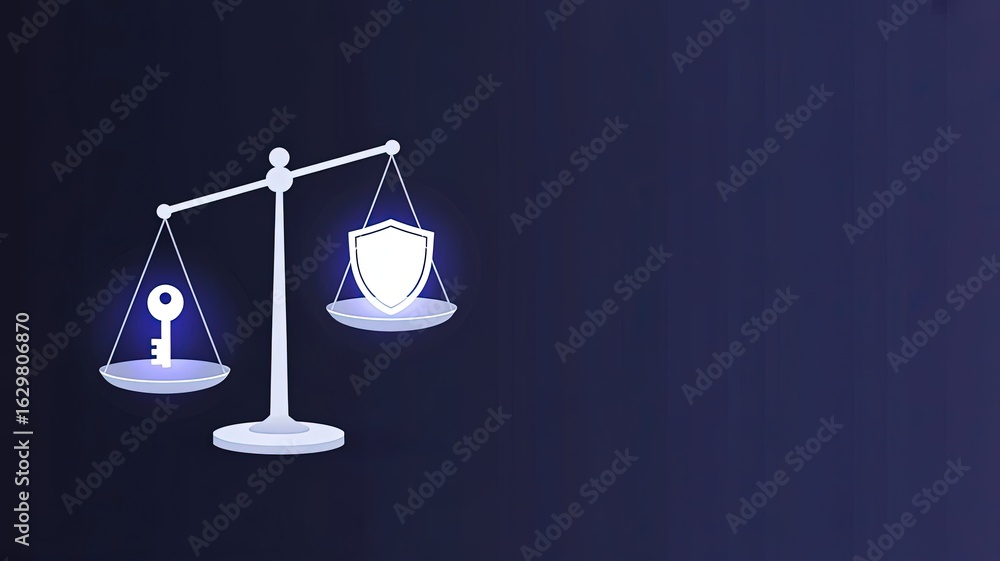 Poster digital security balance: a conceptual illustration of the balance between a key and a shield, repre