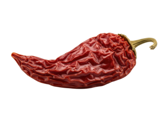 A single shriveled dark reddish-brown dried red chili pepper with a dry stem, isolated on a seamless neutral transparent studio background with no shadows, ideal for commercial product photography