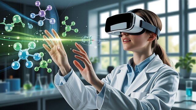 Scientist uses virtual reality to interact with molecular structures in a modern laboratory