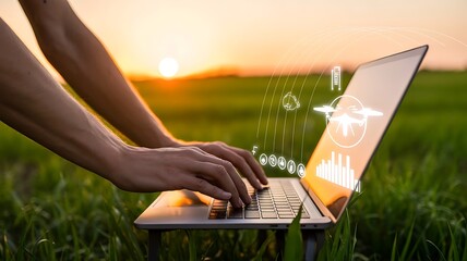 Person typing on laptop in field at sunset with drone graphics