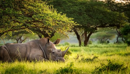 resting rhinoceros under tree in lush green ziwa wildlife habitat