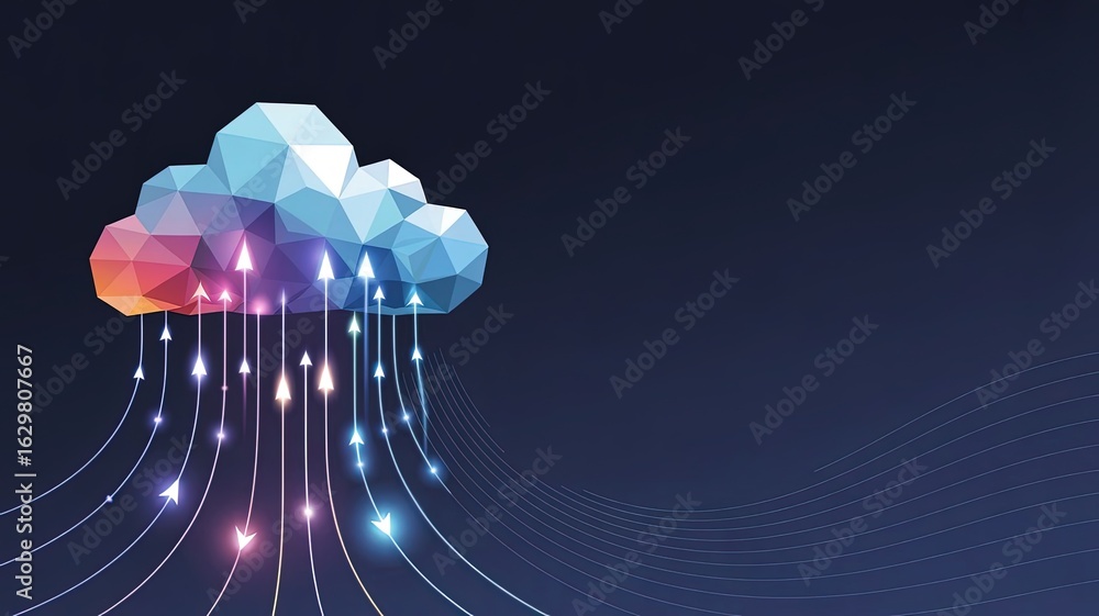 Poster cloud computing illustration: a vibrant and modern illustration of cloud computing, depicting data t