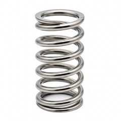 A silver cylindrical metal spring with flat ends, isolated on a white