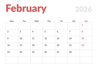 Monthly page Calendar Planner Template design of February 2026. Vector layout of calendar with week start Monday for Scheduling. Page for size A4 or 21x29.7 cm