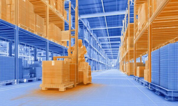 Warehouse interior, forklift, wireframe