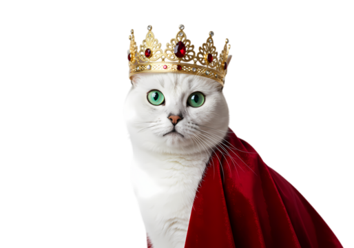 Majestic White Cat Wearing a Crown and Royal Robe