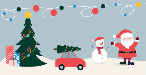 Cheerful flat vector illustration of a Christmas holiday scene featuring Santa Claus, a snowman, a decorated Christmas tree with presents, a red car carrying a tree, and colorful festive lights on a s