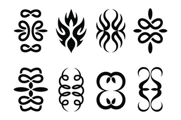 Collection of tribal tattoo designs and ornate swirl Elements, Curved Flame Shapes, decorative Elegant

