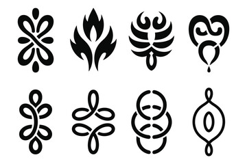 Collection of tribal tattoo designs and ornate swirl Elements, Curved Flame Shapes, decorative Elegant
