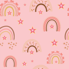 Adobe Illustrator Artwork  Cute  pattern  with star , cloud, baby rainbow , boho rainbow,  on PINK background  design for kids cloth, tile , wallpaper, fabric, textile, cards, covers ,banners ,brandin