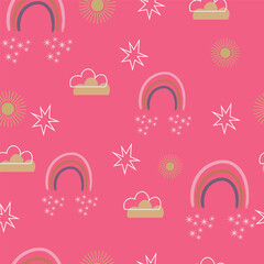 Adobe Illustrator Artwork  Cute  pattern  with star , cloud, baby rainbow , boho rainbow,  on PINK background  design for kids cloth, tile , wallpaper, fabric, textile, cards, covers ,banners ,brandin