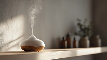 Aromatherapy diffuser positioned on clean shelf emitting soft vapor to enhance indoor ambiance