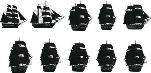 Vintage sailing ship silhouettes with detailed rigging, old-style tall ships in various angles. © CreativeArtist