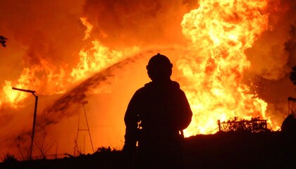 Silhouette of Firefighter Battling Intense Wildfire with Blazing Flames and Smoke