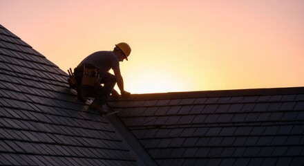 Silhouette of a roofer working on a house's dark gray shingle roof at sunset.