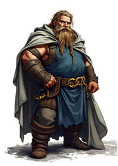 Dwarven runesmith with thick brown beard braided with gold rings, stocky and powerful – old-school fantasy RPG dwarf character in traditional armor for tabletop roleplaying illustration