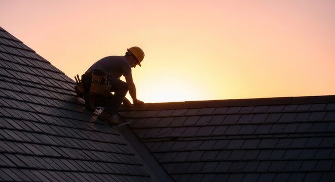 Silhouette of a roofer working on a house's dark gray shingle roof at sunset.