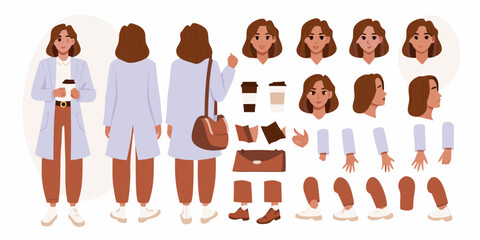 Young woman character design kit with various poses and accessories for animation and illustration