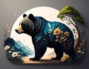 Bear in floral landscape