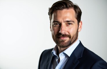 Confident businessman with neatly styled hair and beard wearing a dark suit and light blue shirt