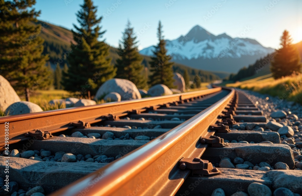 Poster a railway track extends into the distance with mountains and pine trees in the background during sun