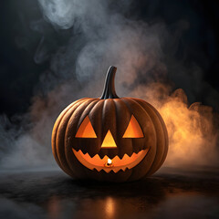 Spooky jack o lantern halloween pumpkin glowing with orange light and smoke