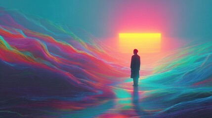 Fototapeta premium Silhouette figure in a vibrant, surreal landscape