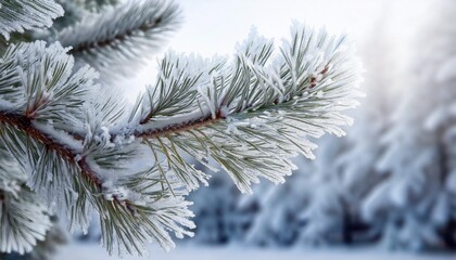 a close up of a snow covered pine tree branch ice crystals sparkling against a white winter background