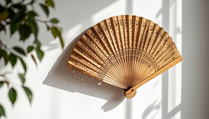 Ethnic patterned woven bamboo fan hung vertically on a white wall nail, clean background without distractions, thin shadow on the wall, soft lighting