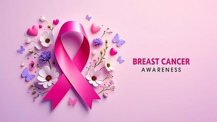 October breast cancer awareness background with 3d pink ribbon, flower blossoms, hearts and butterflies for campaign visuals, women’s health events, survivor tribute art and social media content