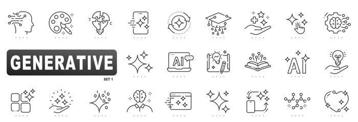Generative AI linear icons depicting creativity, sparkle magic, digital brain, mobile touch, chatbot laptop, education, healthcare, innovative future technology concepts