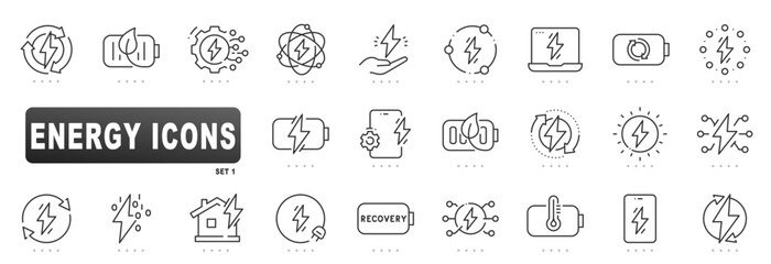 Linear outline energy icons showcasing battery charging, renewable electricity, solar power, smart grid, eco battery, digital lightning, home energy efficiency