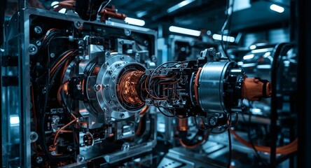 Fototapeta premium Close-up of Advanced Industrial Machinery with Intricate Wiring and a Luminous Orange Core Symbolizing Innovation & Technology