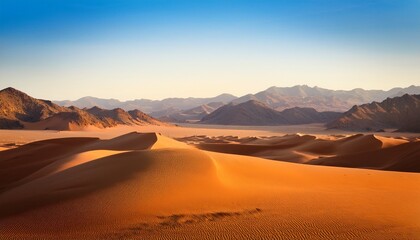 serene desert landscape with mountains and shimmering sand dunes