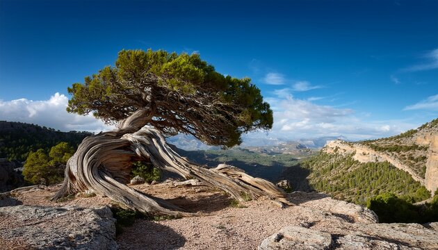 juniper tree shaped by winds at a ravine in sierra de cazorla