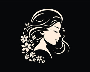 Elegant profile of a woman with flowing hair adorned with floral elements.