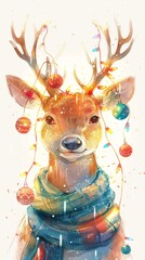 Festive Fawn with Ornaments and Holiday Lights Adorned in a Cozy Scarf