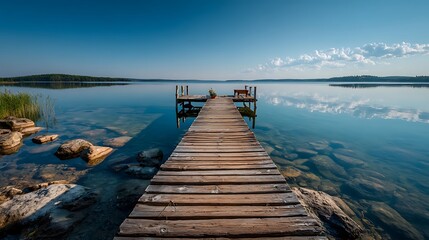 Obraz premium Calm rustic wooden dock extending into tranquil lake under vast blank sky, peaceful outdoor landscape for relaxation, wellness, and scenic backgrounds.