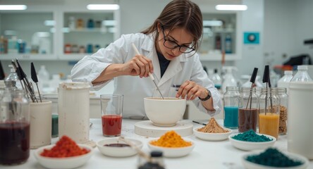 Female Chemist Mixing Pigments in a Modern Laboratory for Product Development and Research