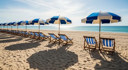 A beach with rows of blue umbrellas and striped lounge chairs, with the ocean and a clear blue sky in the background.