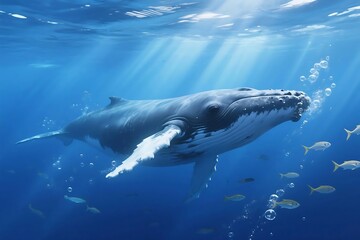 Naklejka premium Great white and blue sharks swimming deep in the ocean near coral reef