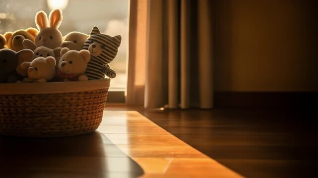 Cozy Basket of Adorable Plush Toys Bathed in Warm Sunlight