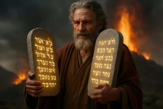Moses holding The Ten Commandments:Divine Laws Delivered to Moses on Mount Sinai
