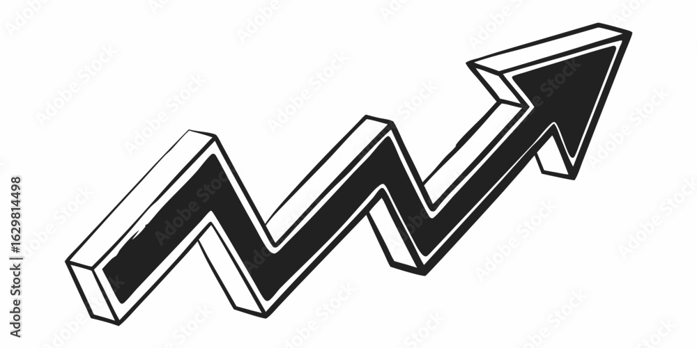 Poster illustration of a black and white arrow pointing upwards with a zigzagging path on a white backgroun