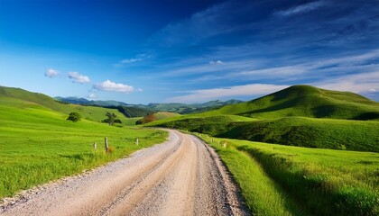 Fototapeta premium scenic gravel road through lush green landscape under blue sky