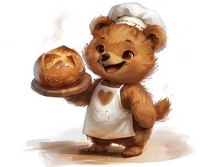 Joyful bear baker presenting freshly baked loaf of bread on wooden tray