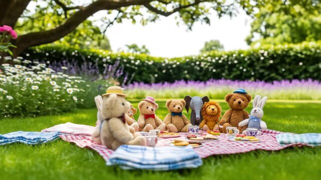 A charming gathering of teddy bears and stuffed animals enjoying a delightful picnic on a checkered blanket in a lush green garden.
