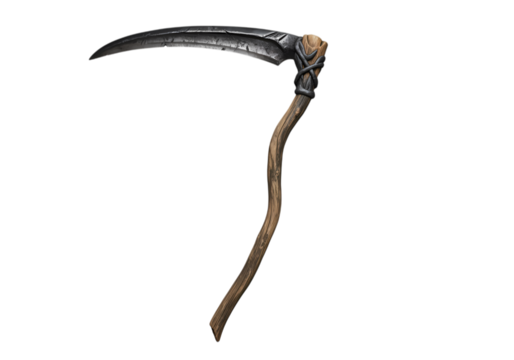 Scythe: Rustic Wooden Handle, Dark Metal Blade, Isolated on Black