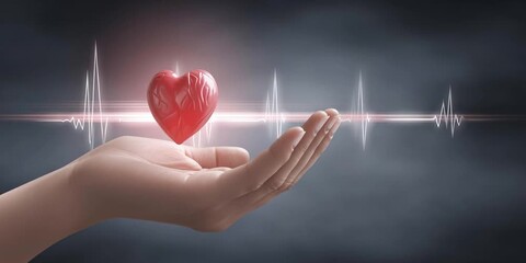 Hand holding heart icon: A delicate hand cradles a vibrant red heart, symbolizing care and compassion, with a heartbeat rhythm and an aura that captures the essence of health and life.
