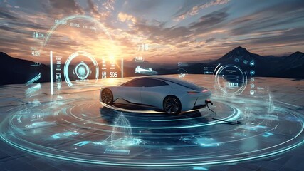 Futuristic electric car charging with holographic interface at sunset, advanced autonomous vehicle technology concept - Powered by Adobe